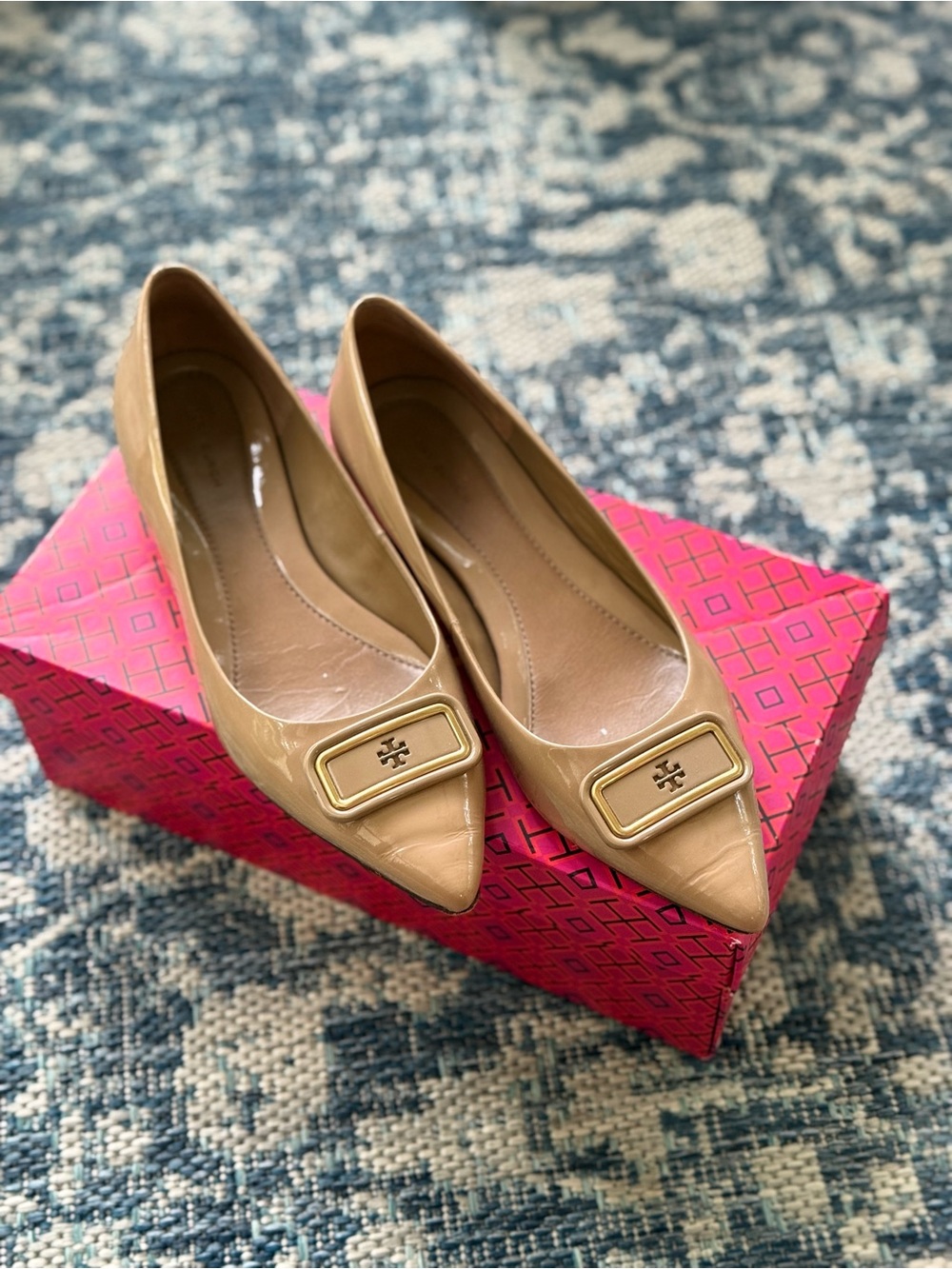 Tory Burch Beige Patent Pointed Toe Ballet Flats with Logo Plaque